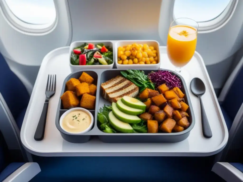 Una escena relajante en la cabina de un avión con opciones veganas y vegetarianas a bordo, destacando una mesa de comida colorida y sofisticada