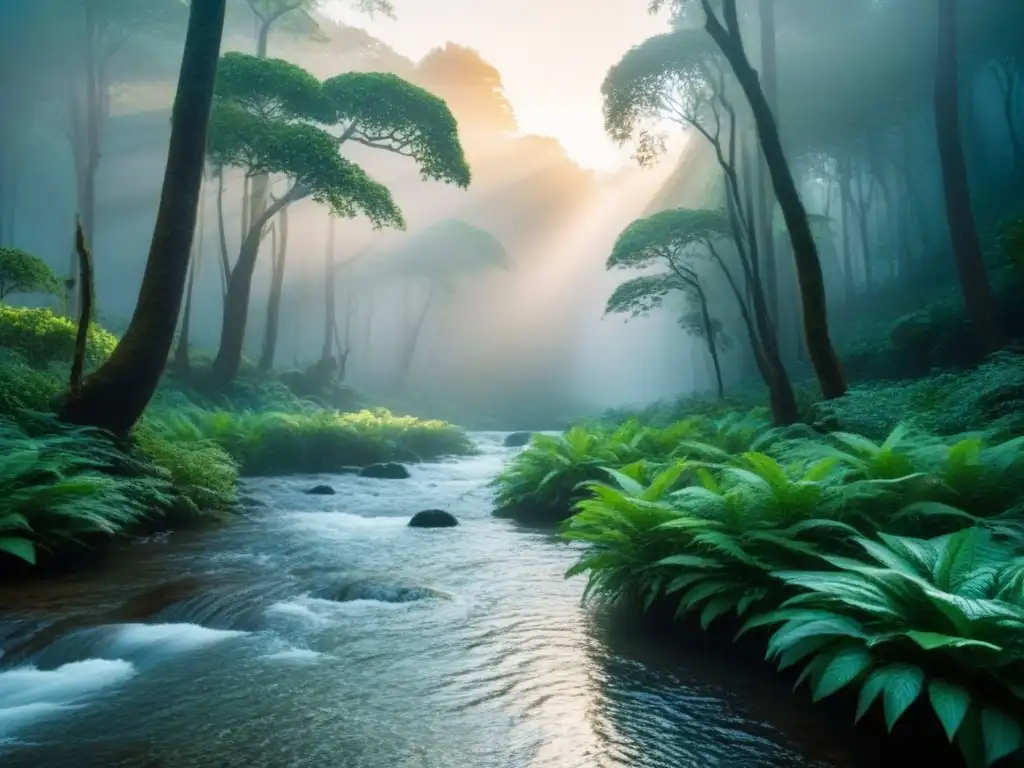 Escena serena en un bosque verde con arroyo, reflejando armonía con la naturaleza