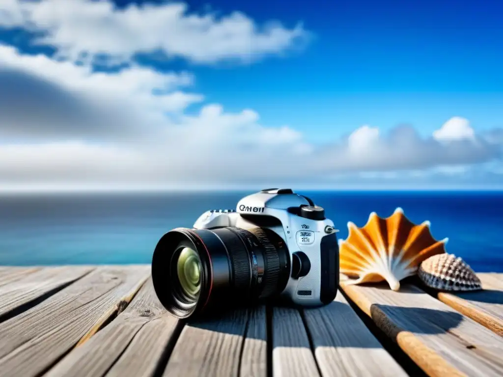 DSLR plateado en muelle con mar azul Escena serena de una cámara DSLR plateada en un muelle de madera con fondo de mar azul profundo marítimo