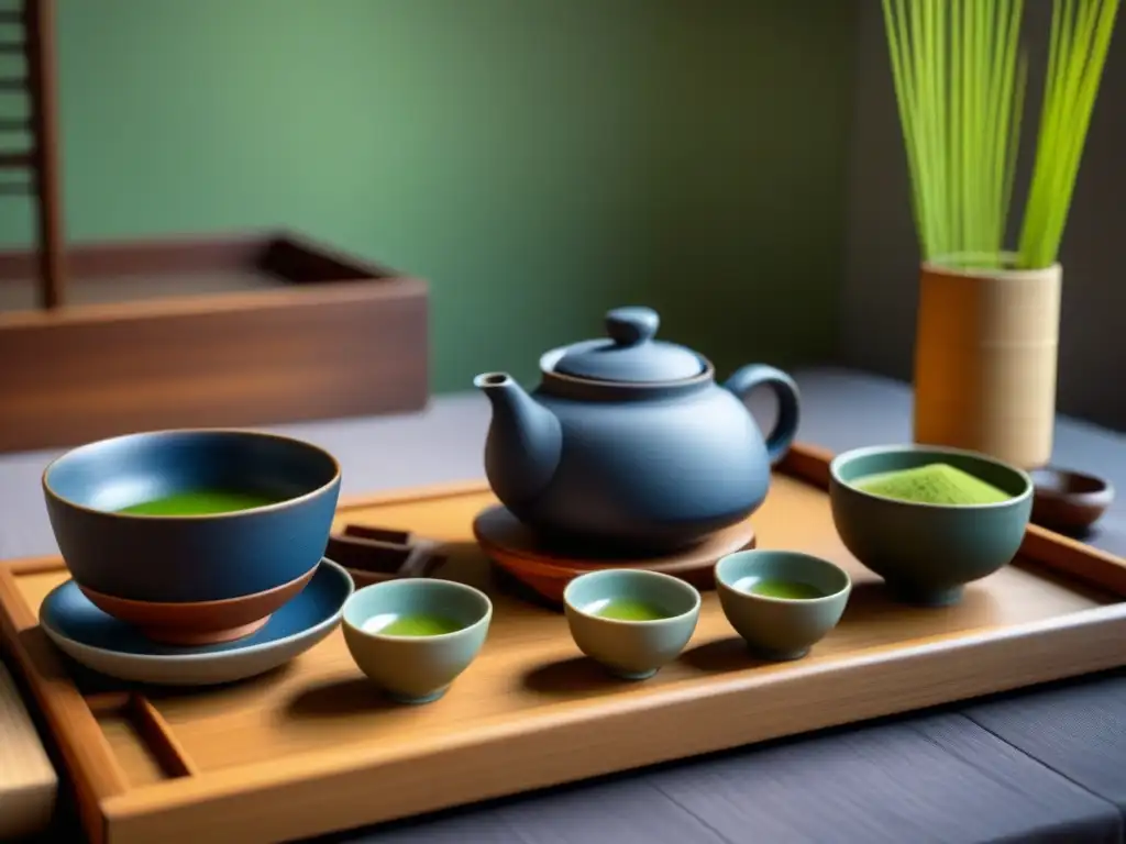 Escena serena de ceremonia del té japonesa con mesa de madera, tazas de porcelana y utensilios de matcha, resaltando elegancia y precisión