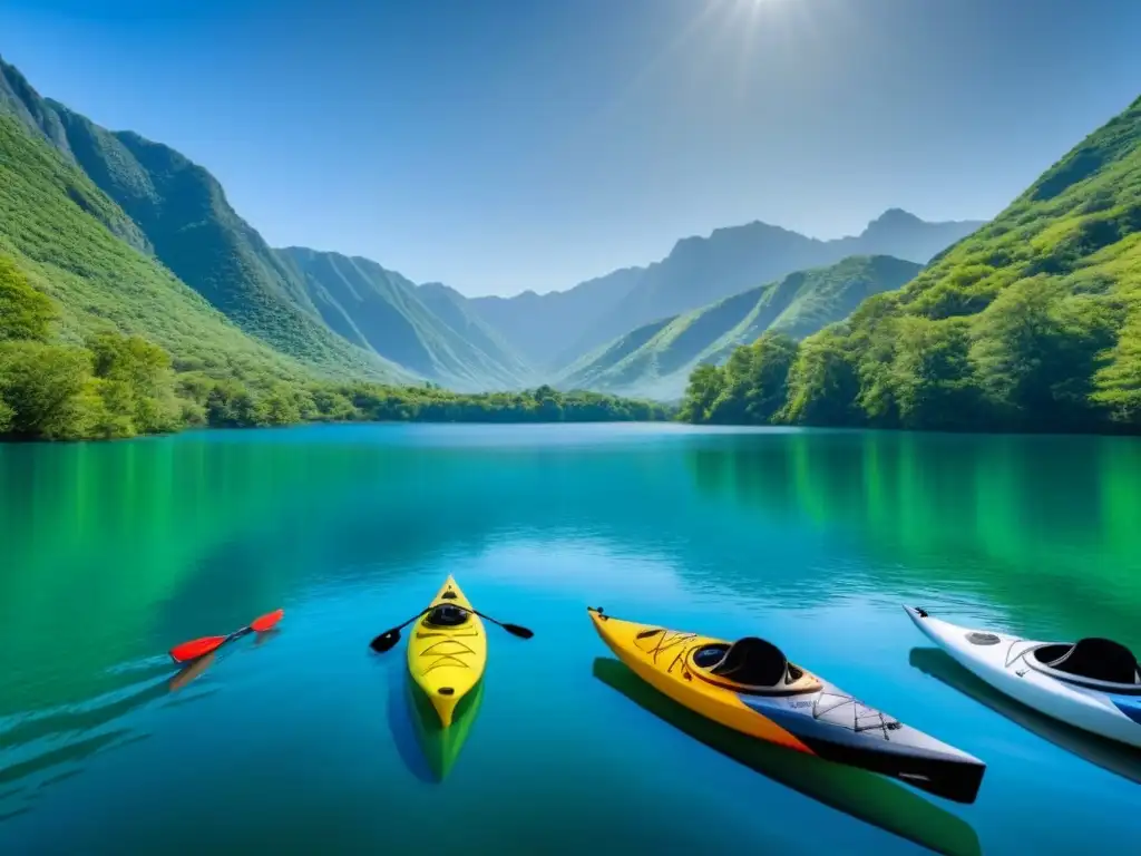 Una escena serena de kayaks y paddleboards coloridos en la orilla de un lago cristalino, rodeados de montañas verdes bajo un cielo azul