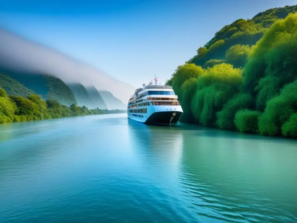 Escena serena de un crucero fluvial moderno navegando en aguas tranquilas rodeado de exuberante vegetación y cielo azul