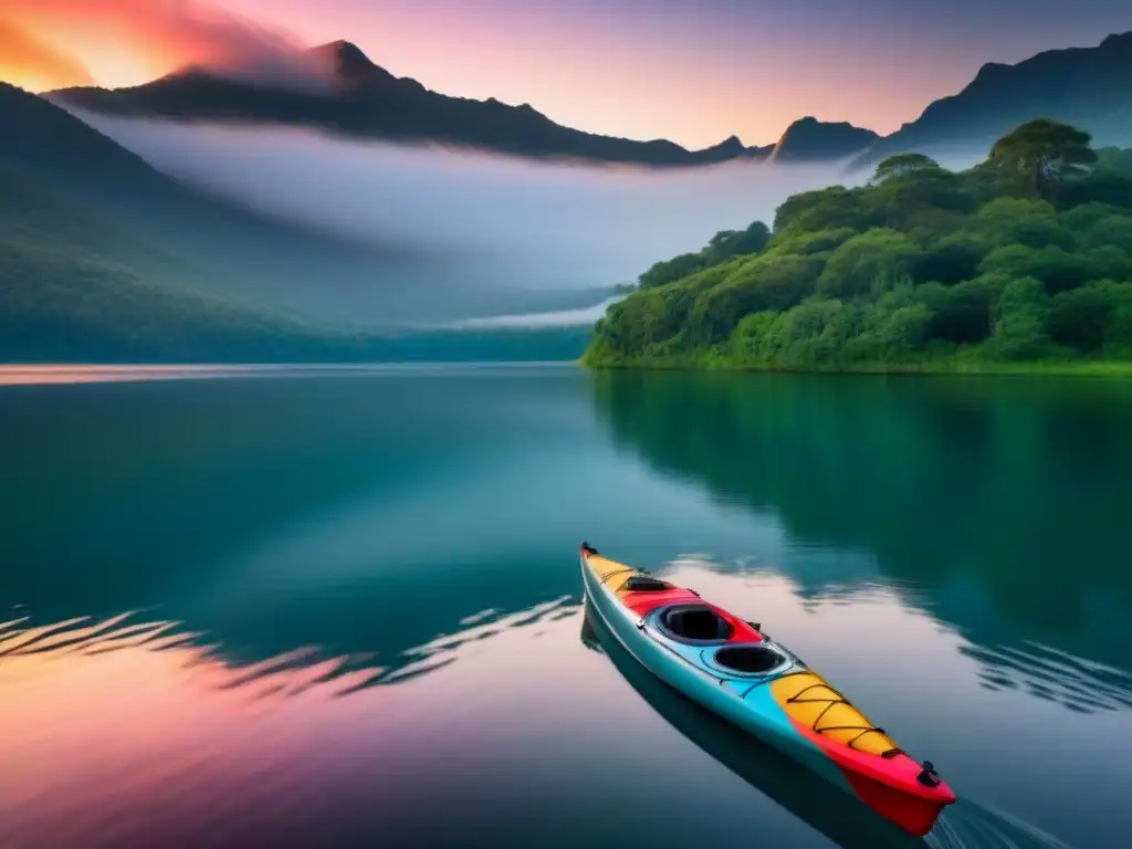 Escena serena de un lago al atardecer, con un kayak solitario y exuberante naturaleza