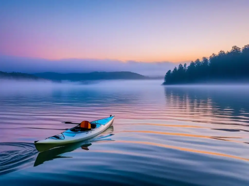 Escena serena al amanecer en un lago con un kayak y paddleboard, reflejos del sol