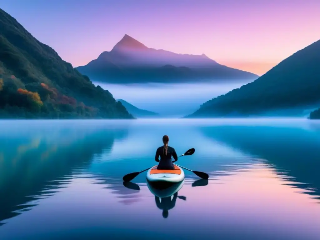 Escena serena de un lago al amanecer con un paddleboard, rodeado de montañas neblinosas