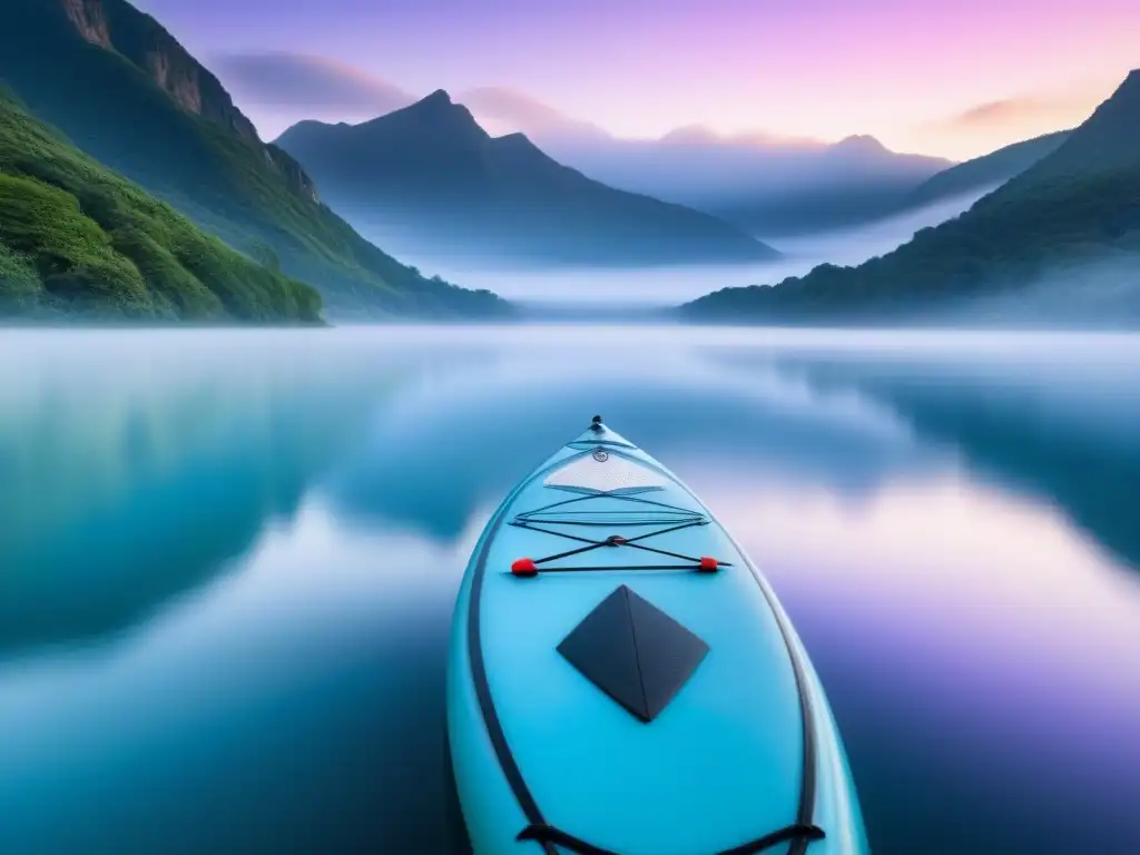 Escena serena de un lago al amanecer con paddleboard, rodeado de montañas brumosas