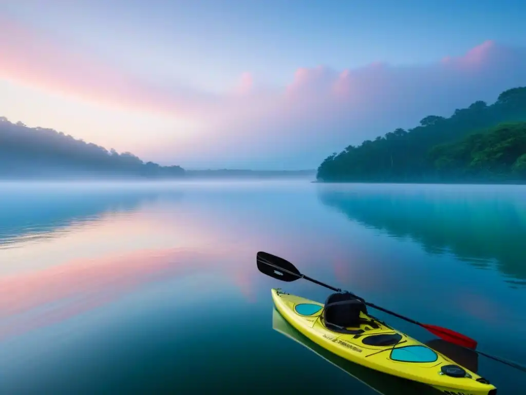 Escena serena al amanecer en lago con kayak y paddleboard