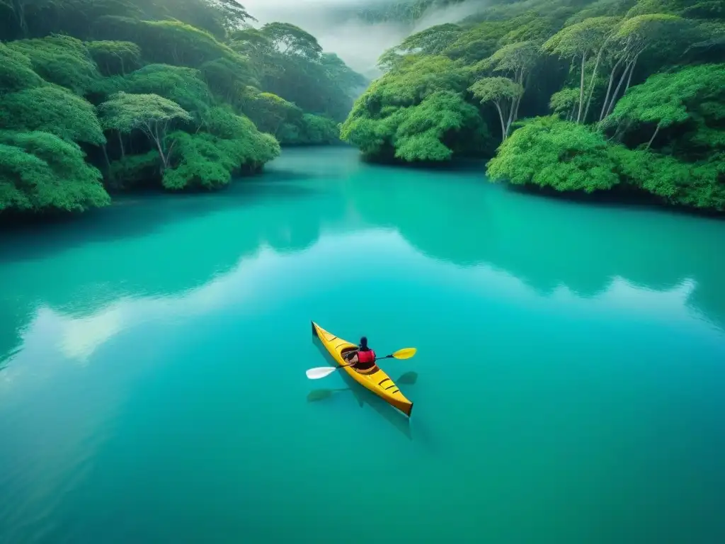 Escena serena de laguna turquesa rodeada de vegetación, con kayak flotando