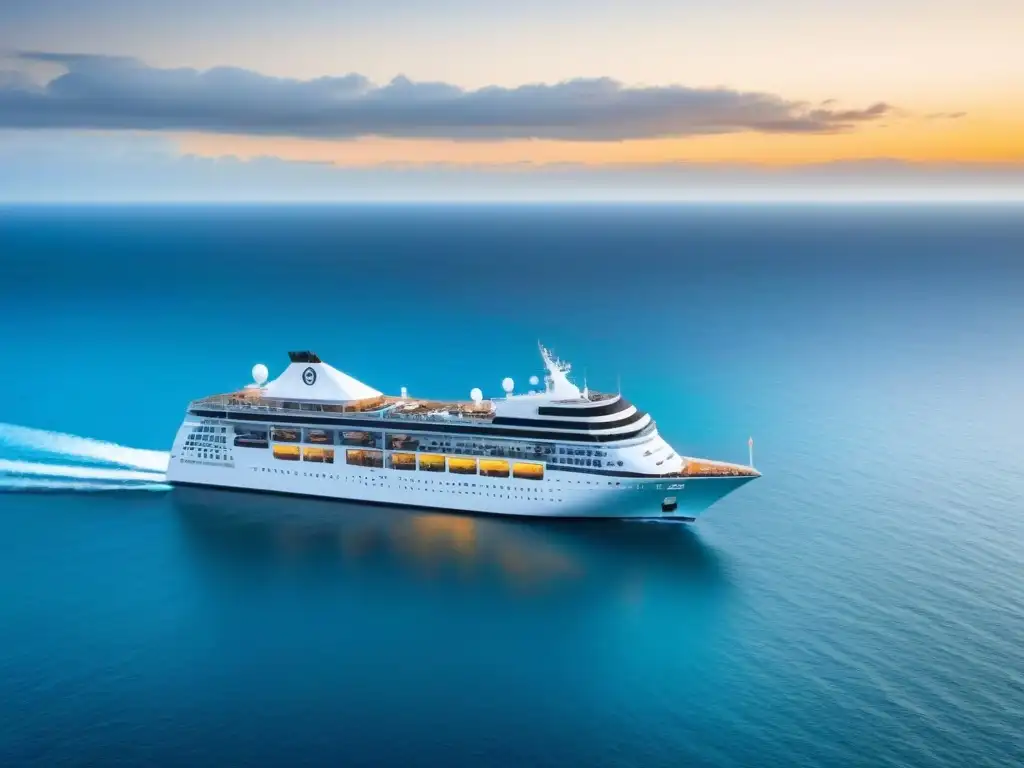 Una escena serena y minimalista de un lujoso crucero navegando en aguas turquesas, con un atardecer pintoresco