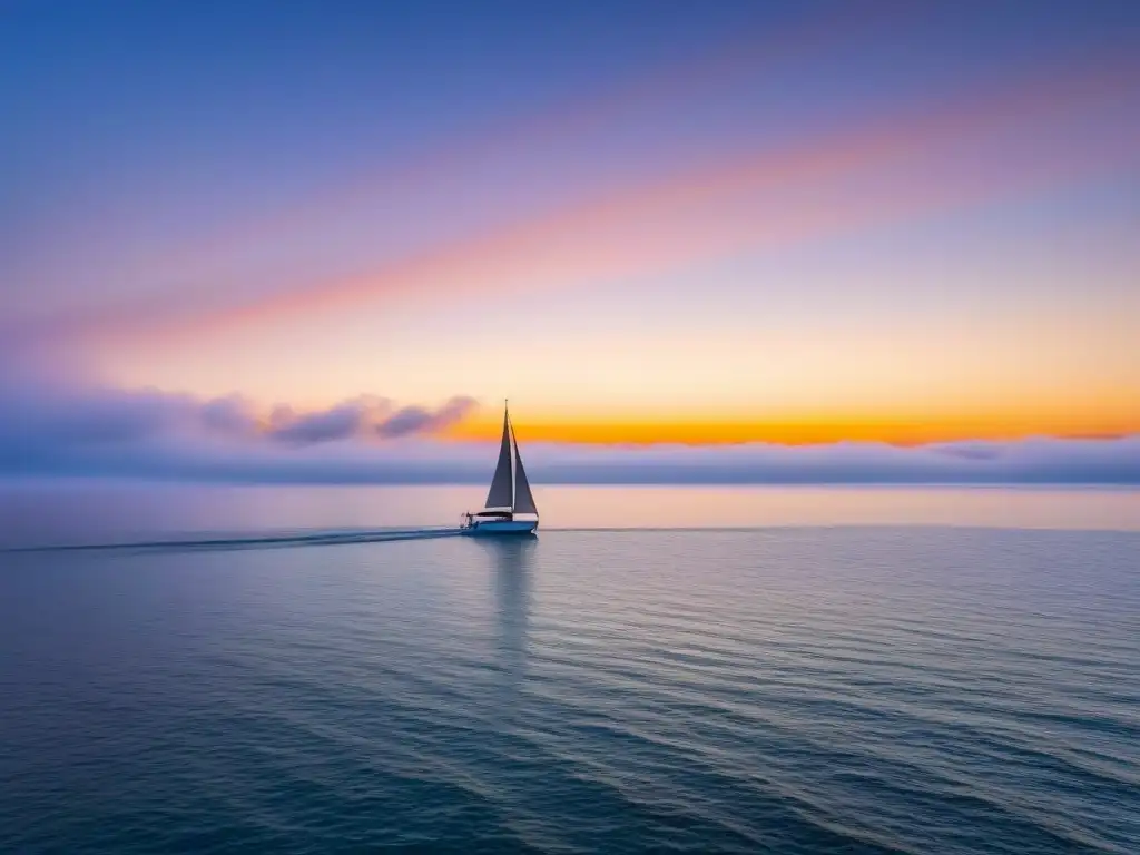 Escena serena de un océano al atardecer con un velero distante, reflejando colores cálidos del sol