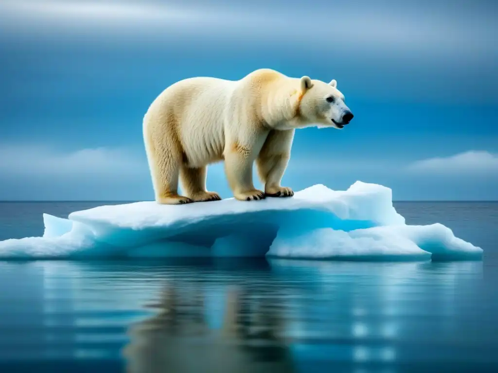 Escena serena de un oso polar solitario en un iceberg derritiéndose en el océano, representando exposiciones marítimas cambio climático