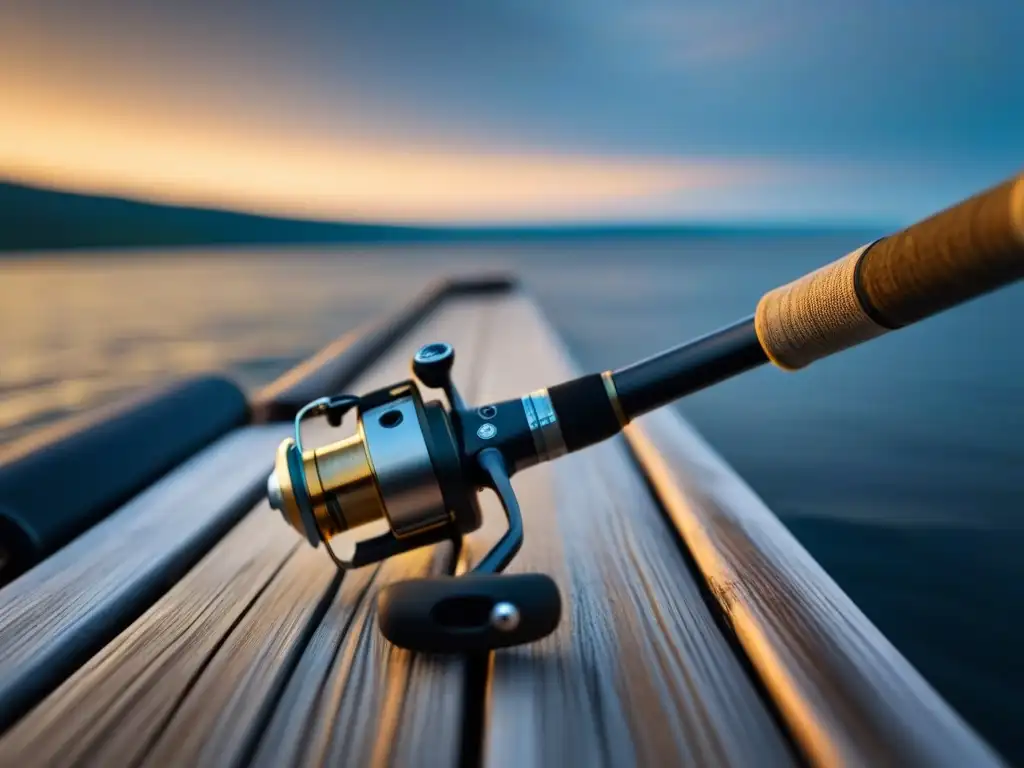 Escena serena de pesca deportiva tecnología última generación en muelle de madera al amanecer