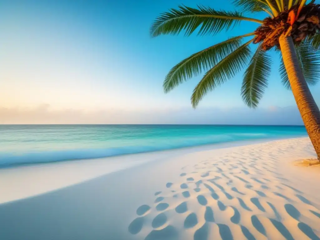 Escena serena de una playa de arena blanca con aguas turquesas cristalinas, rodeada de palmeras verdes, ideal para turismo marítimo ecológico guiado