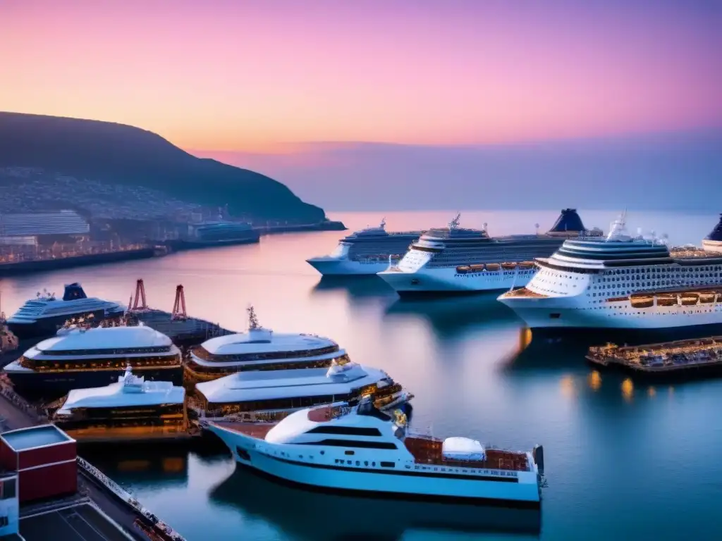 Escena serena en puerto al amanecer con crucero