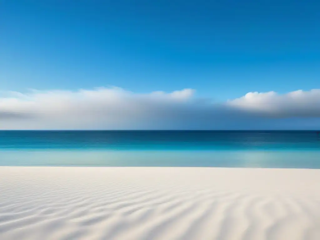 Escena serena de un vasto océano cristalino y una playa blanca impecable, sin presencia humana