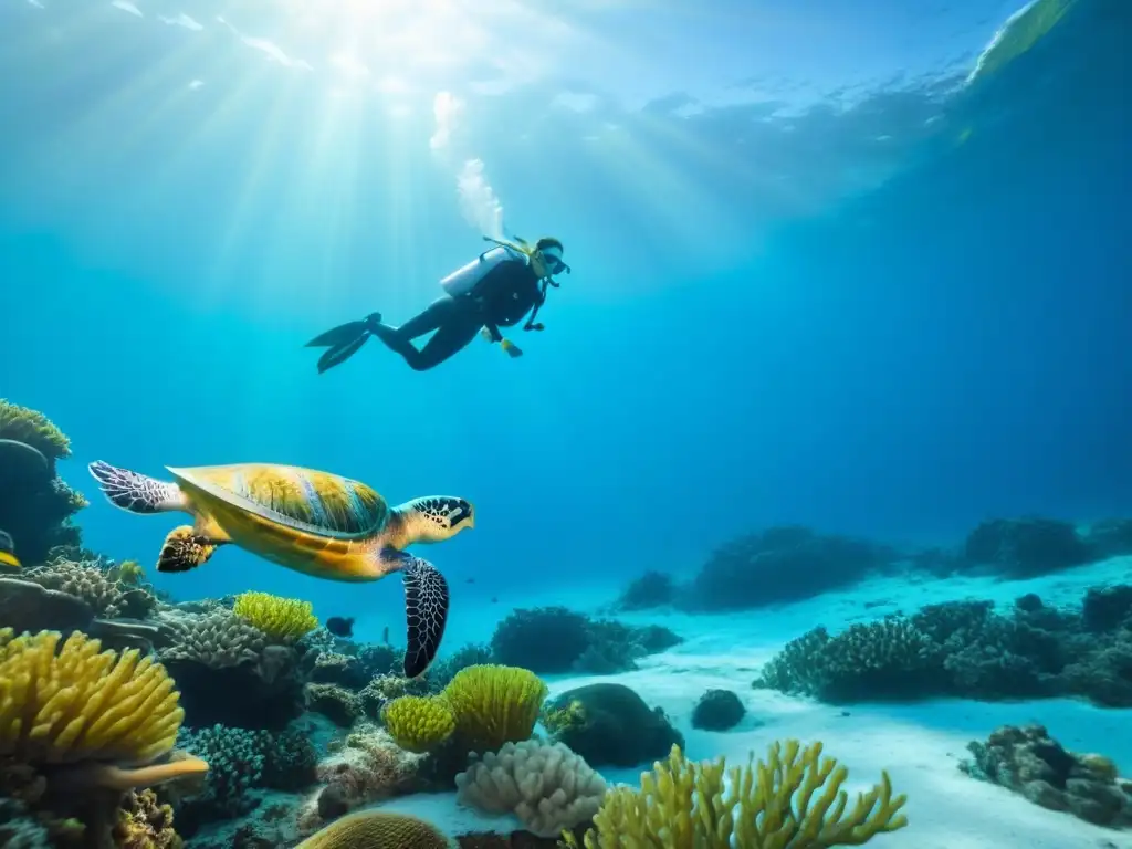 Una escena submarina cautivadora con un vibrante arrecife de coral y vida marina, destacando las mejores escuelas de buceo marítimo