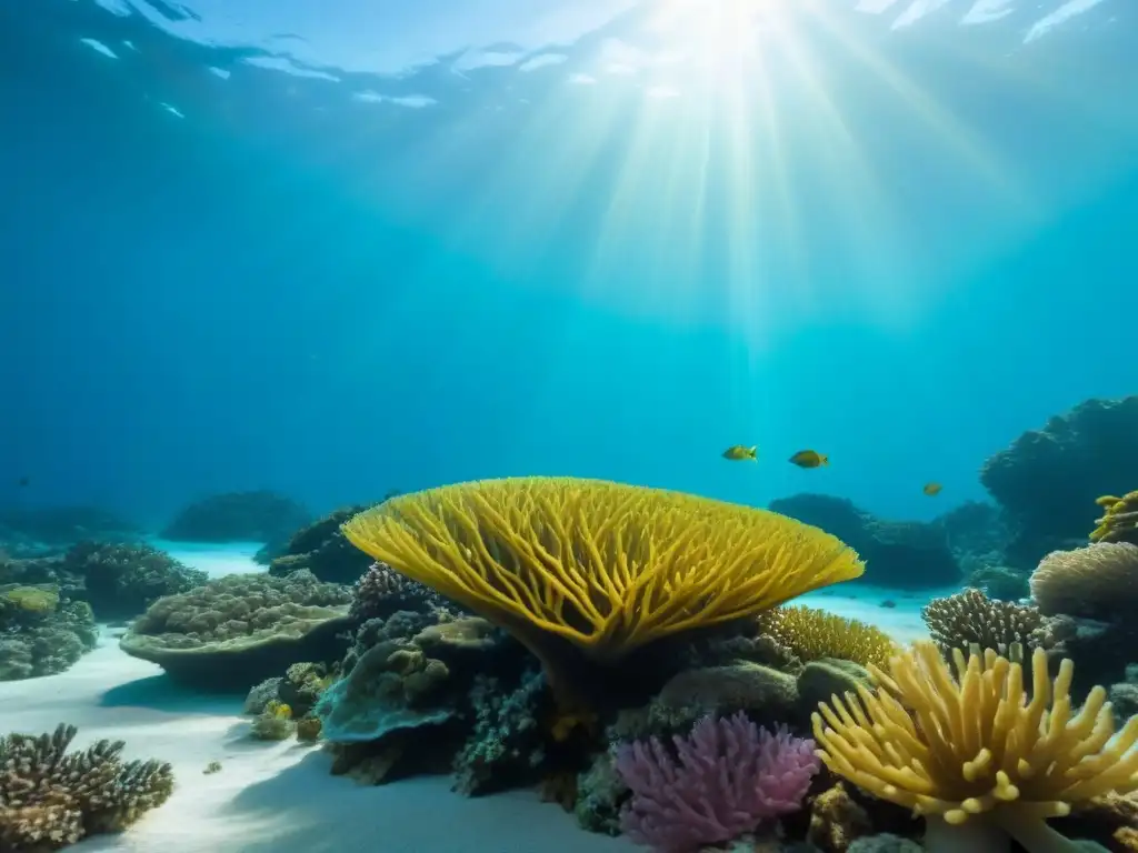 Una escena submarina cristalina en Aguas Claras, con un vibrante arrecife de coral y peces coloridos