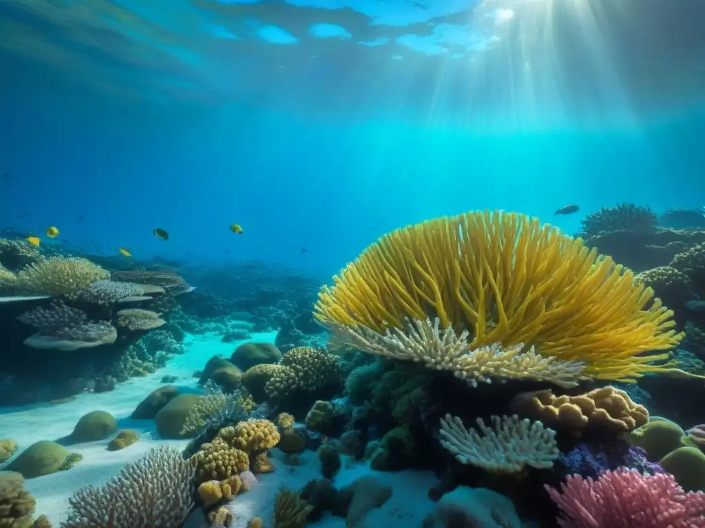 Escena submarina impactante: arrecife coral lleno de vida y coloridos peces