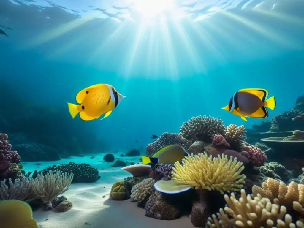 Escena submarina serena con peces tropicales en un arrecife de coral, rayos de luz y sombras en el fondo marino