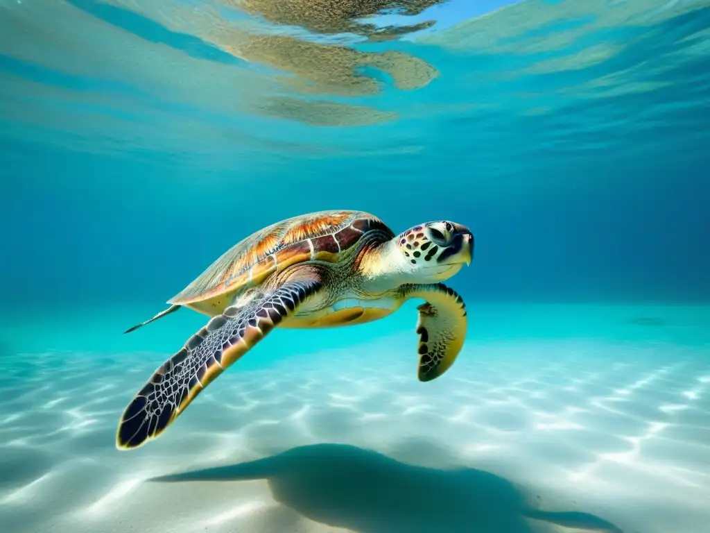 Una escena submarina serena con una tortuga marina grácil nadando en aguas turquesa cristalinas