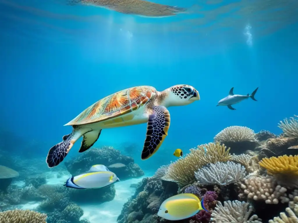 Escena submarina vibrante en un área protegida, con diversa vida marina, resaltando la conservación de los mares