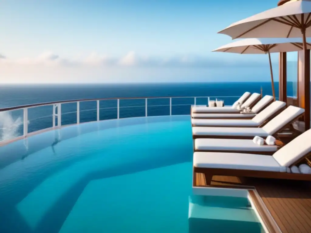 Escena tranquila y elegante de un lujoso spa en un crucero, con piscina infinita y sombrillas blancas