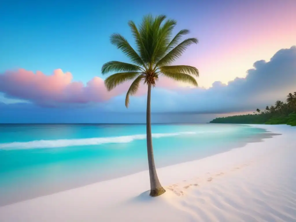 Escena tranquila en una isla olvidada: playa vírgen, agua turquesa, palmera solitaria, ave tropical y atardecer pastel