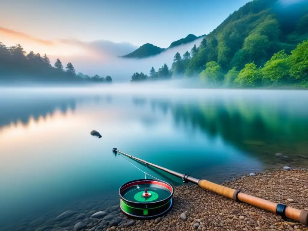 Escena tranquila en lago al amanecer con bruma acuática, rodeado de bosques verdes