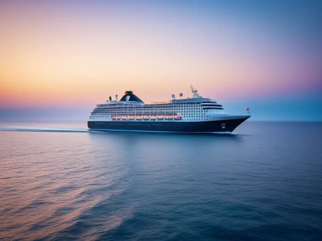 Un escenario cinematográfico en alta mar con un lujoso crucero bajo un atardecer idílico rodeado de veleros