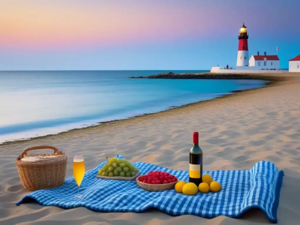 Un escenario de festival marítimo al atardecer en la playa, con visitantes disfrutando de un picnic elegante