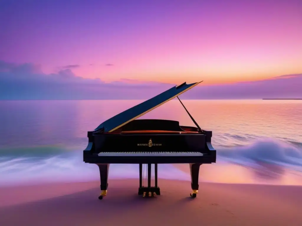 Un escenario flotante iluminado suavemente al atardecer sobre el mar, con un piano y barcos iluminados