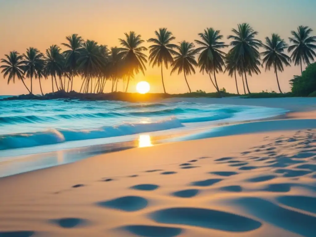 Escenario idílico: playa de arena blanca, aguas turquesas, palmeras y atardecer dorado