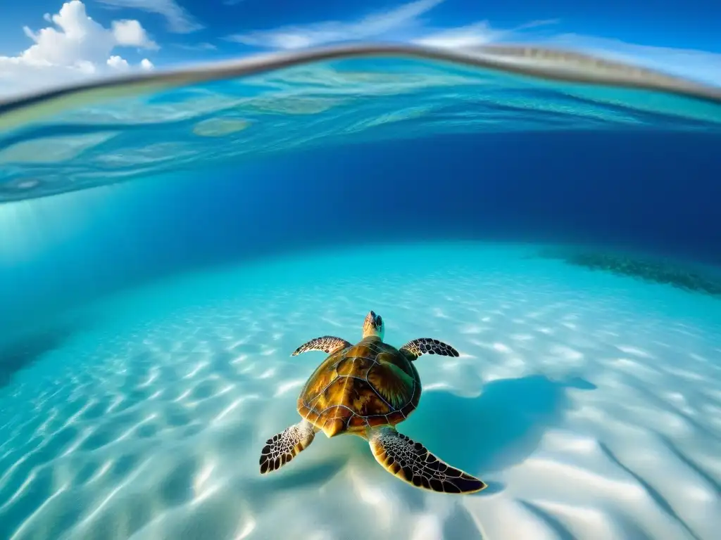 Un escenario impresionante de ecoturismo marítimo responsable con una tortuga marina nadando entre arrecifes de coral vibrantes y peces de colores