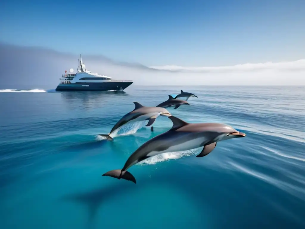 Un escenario marino impecable con delfines cerca de un moderno barco de conservación