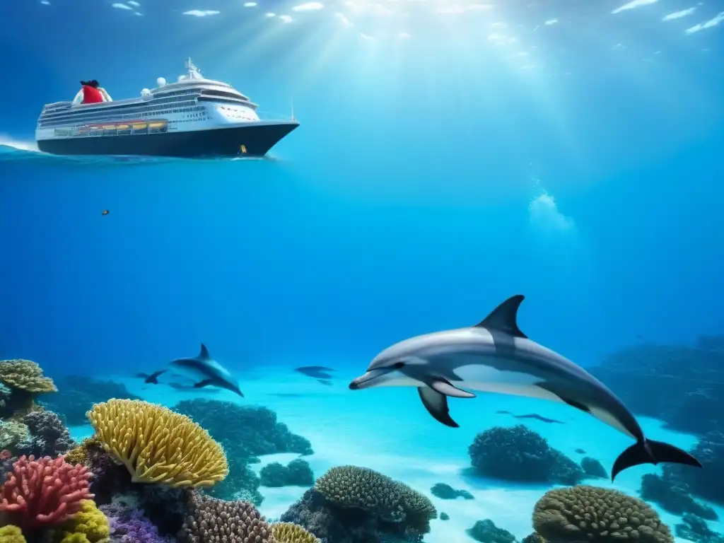 Un escenario marino sereno con un crucero elegante, delfines juguetones y arrecifes de coral coloridos, evocando armonía y tranquilidad