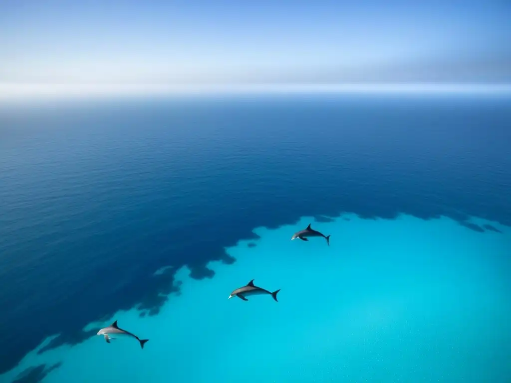 Un escenario marino sereno desde la cubierta de un crucero, con aguas turquesas y delfines majestuosos