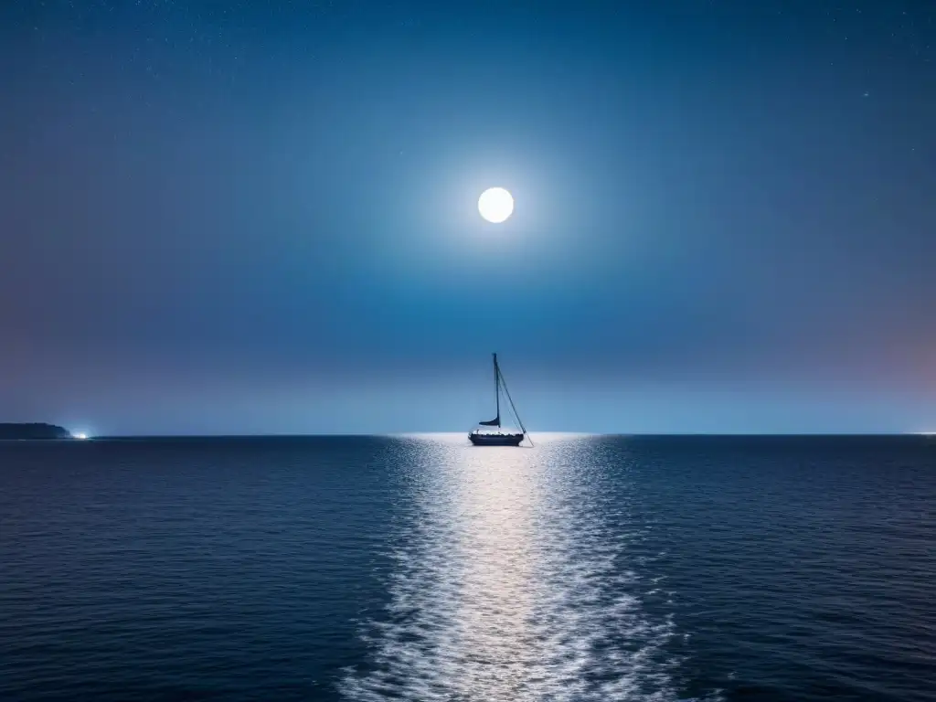 Un escenario marítimo nocturno de ensueño con la luna reflejándose en aguas tranquilas, un velero solitario navegando bajo un cielo estrellado