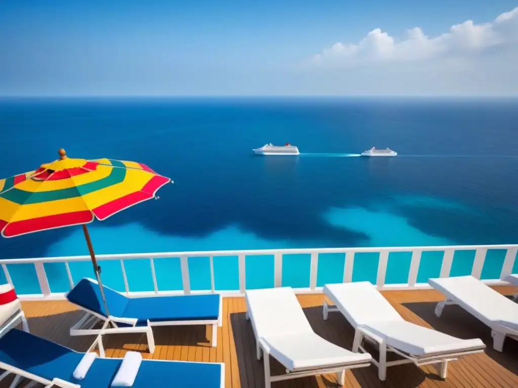 Un escenario sereno en la cubierta de un crucero, con sillas blancas bajo sombrillas coloridas, mar azul y gaviotas