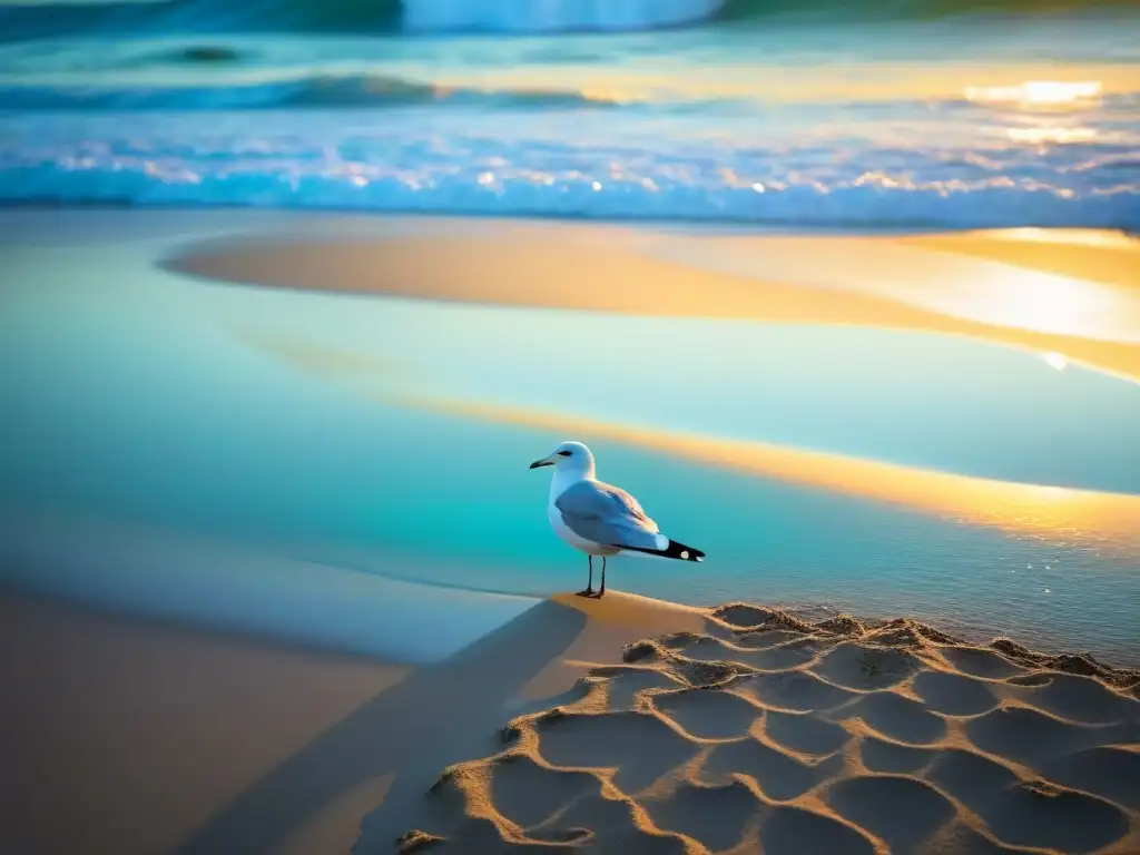 Un escenario sereno en una playa de arena virgen con aguas turquesas cristalinas y una gaviota planeando