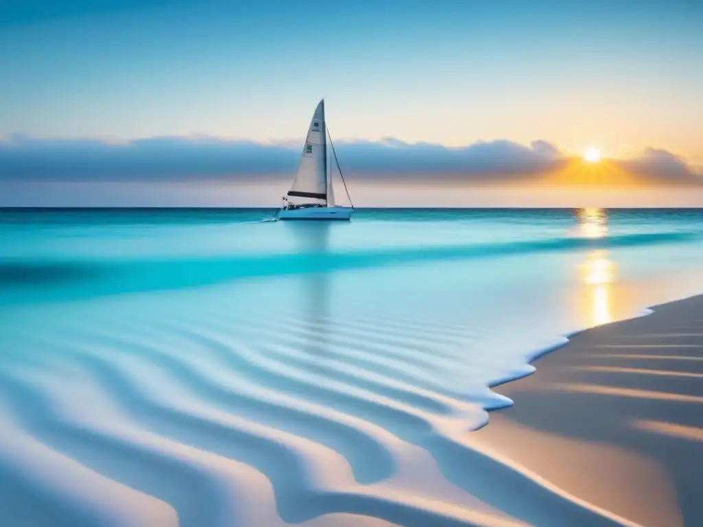 Un escenario sereno en una playa prístina con aguas turquesa, mientras el sol se pone y un velero navega en el horizonte