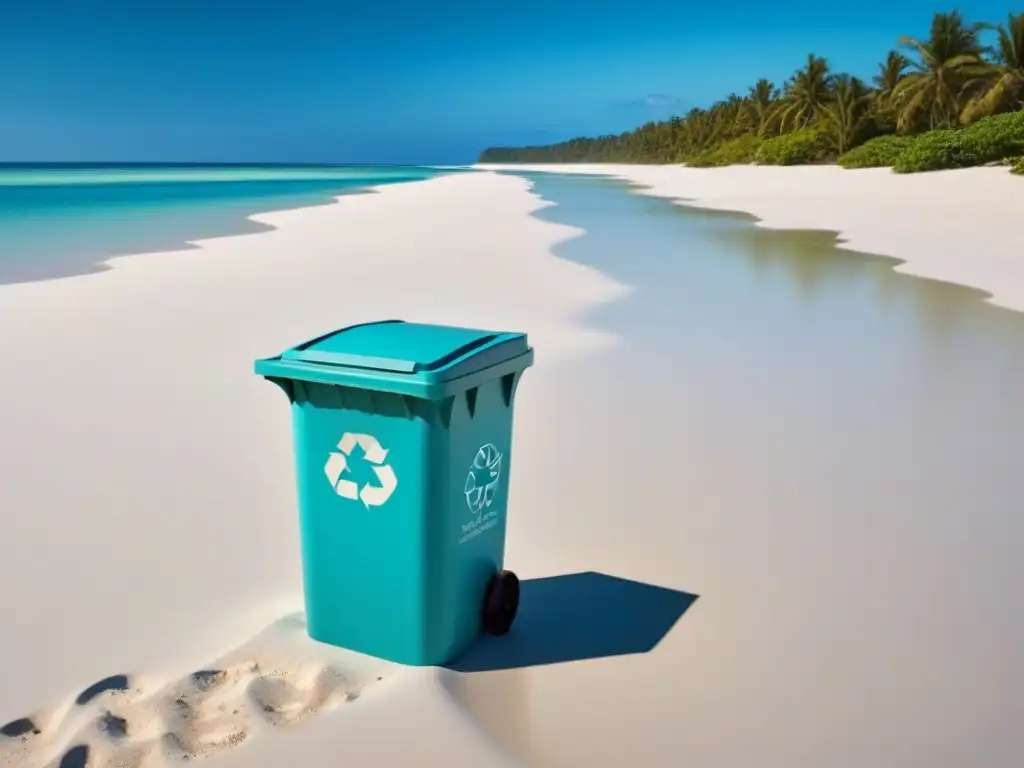 Un escenario sereno en una playa soleada, con un contenedor de reciclaje elegante y moderno