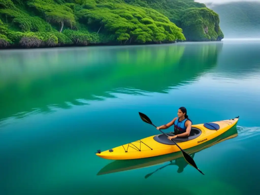 Un escenario sereno y sostenible con kayak y paddleboarding rodeados de naturaleza exuberante y vida acuática vibrante