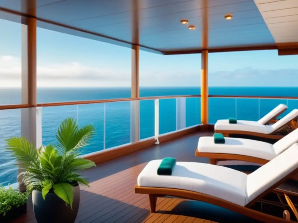 Escenario sereno en un spa de lujo en crucero con piscina infinita, tumbonas blancas y plantas verdes