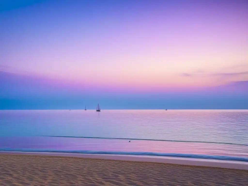 Un escenario tranquilo en el mar al atardecer con veleros y una gaviota