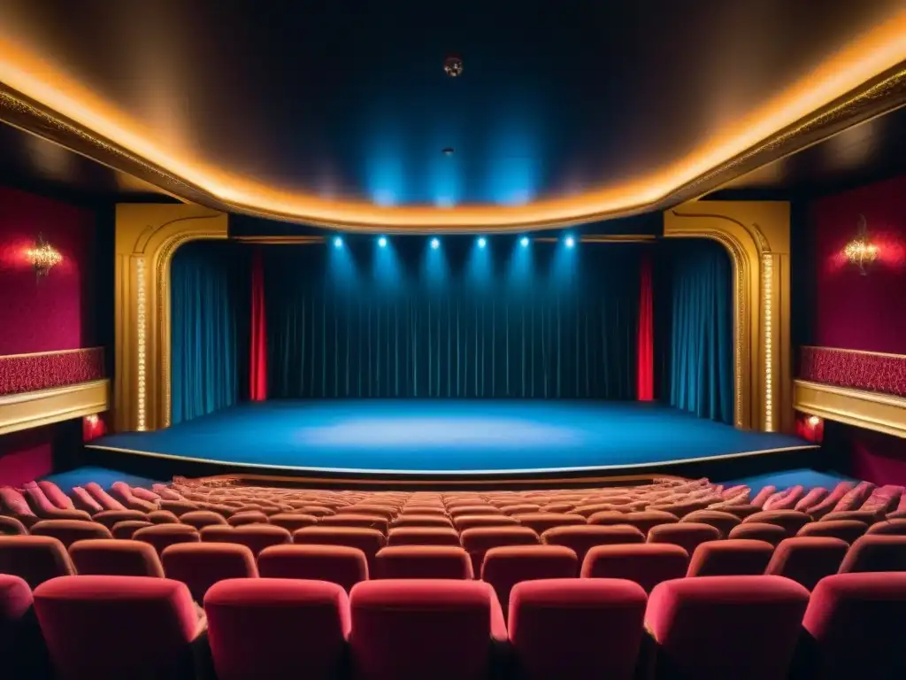 Escenario vacío de teatro de crucero de lujo, iluminado elegantemente