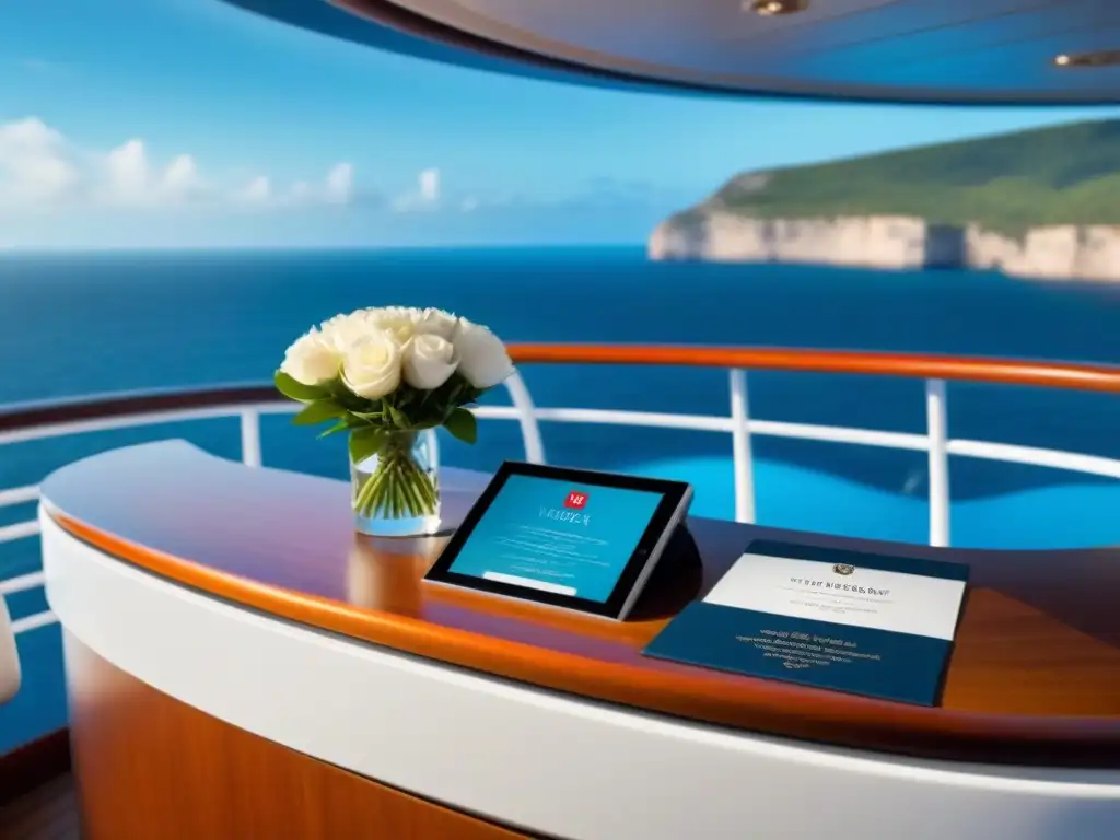 Escritorio de concierge en crucero de lujo con flores frescas y tablet mostrando mensaje de bienvenida personalizado, con vista al mar