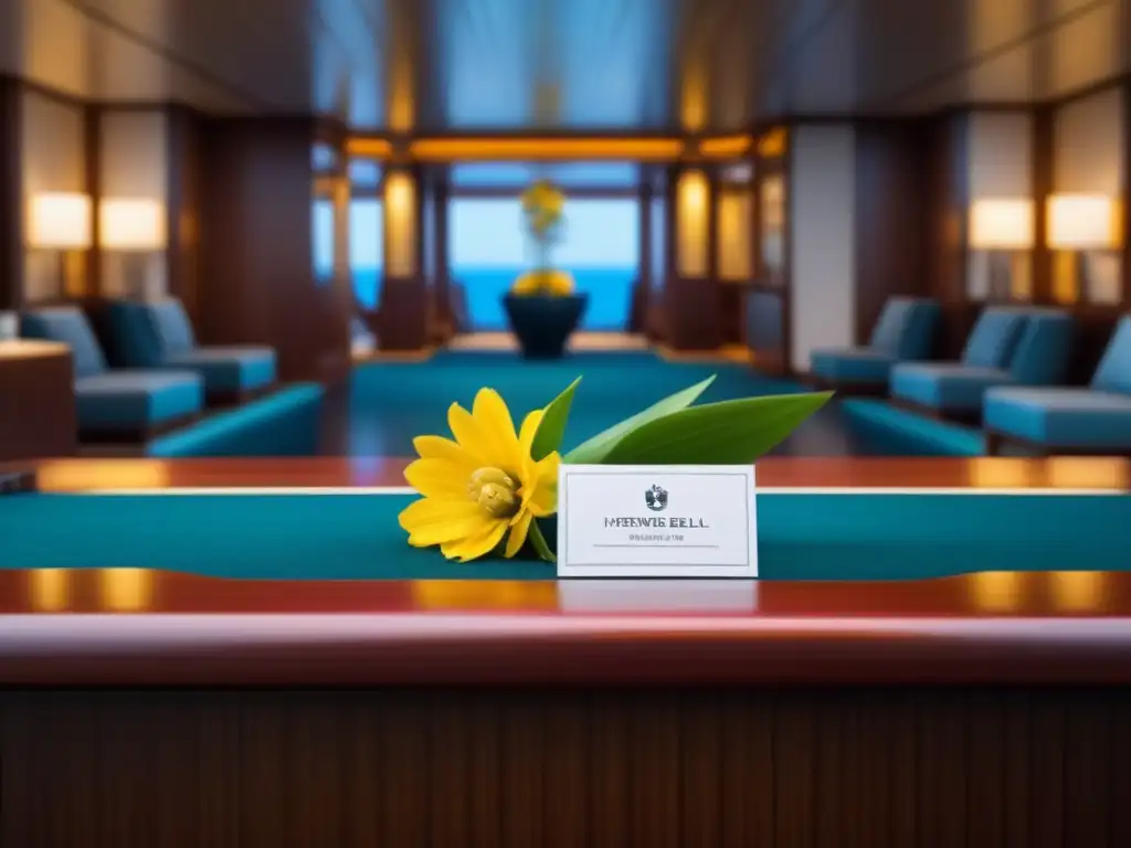 Escritorio de concierge en crucero de lujo con elegantes servicios y flores frescas en mesa de madera pulida