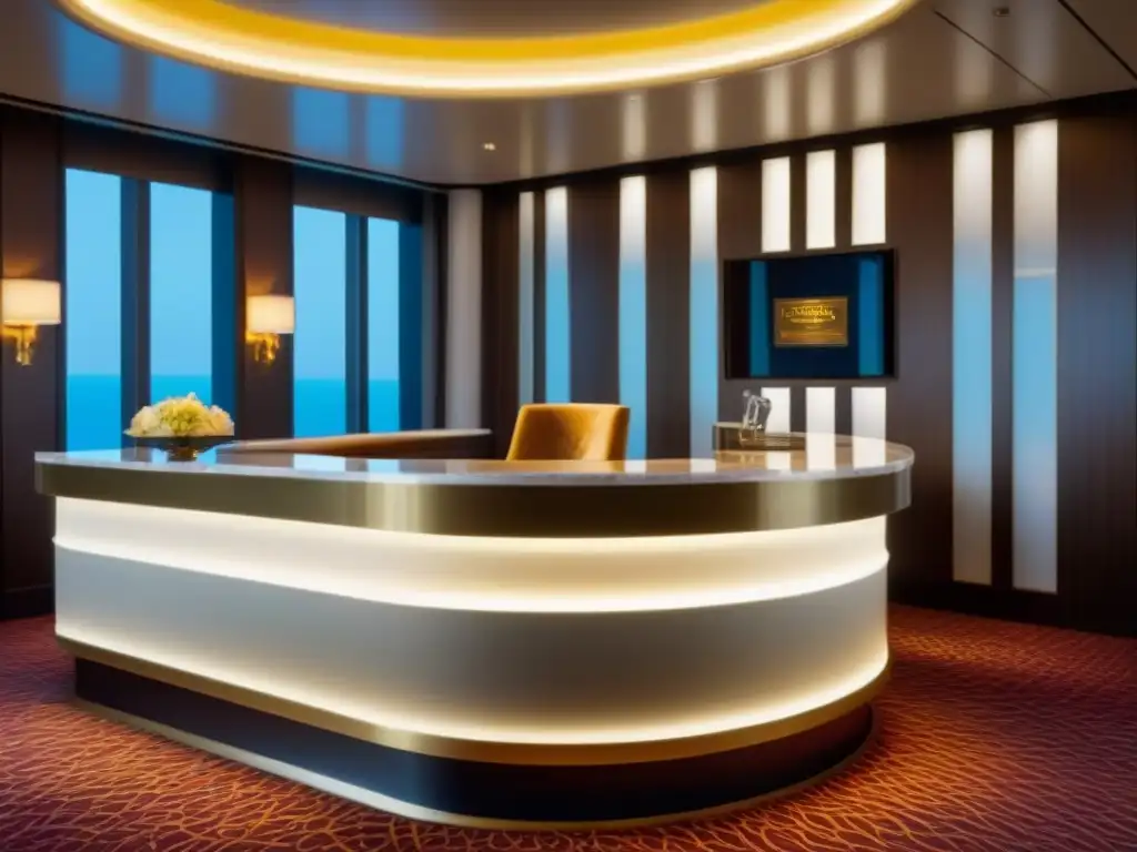 Escritorio de concierge en crucero de lujo con diseño moderno, mostrando elegancia y exclusividad en cada detalle