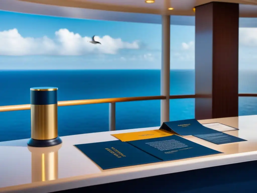 Escritorio concierge elegante en crucero de lujo, con vista al mar y detalles sofisticados