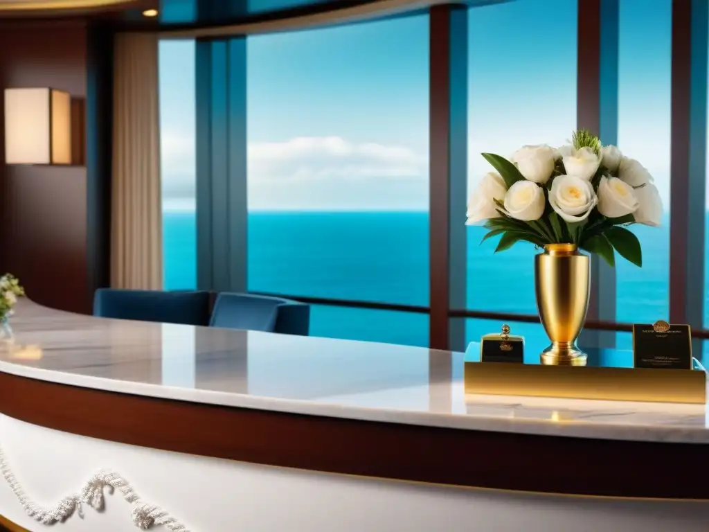 Escritorio de conserjería en crucero: elegante y sereno, con detalles de lujo y vista al mar